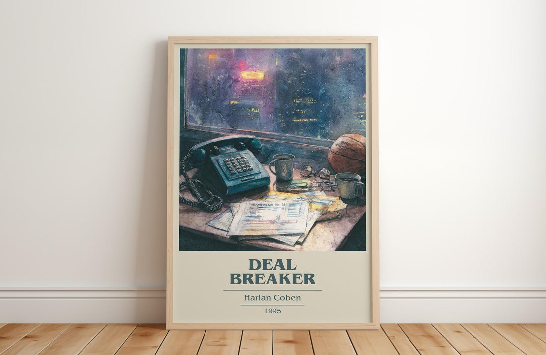 Deal Breaker book cover print in frame leaning in hallway – thriller wall art (mockup)