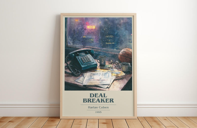 Deal Breaker book cover print in frame leaning in hallway – thriller wall art