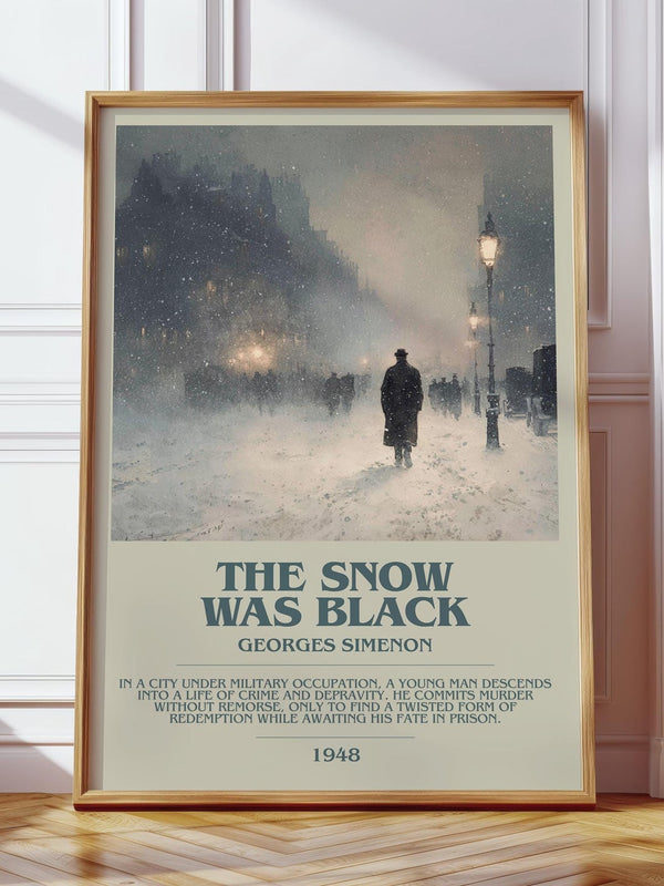 The Snow was Black bookish print in frame leaning in hallway – crime wall art