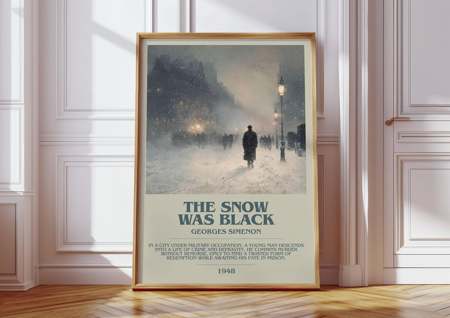 The Snow was Black bookish print in frame leaning in hallway – crime wall art