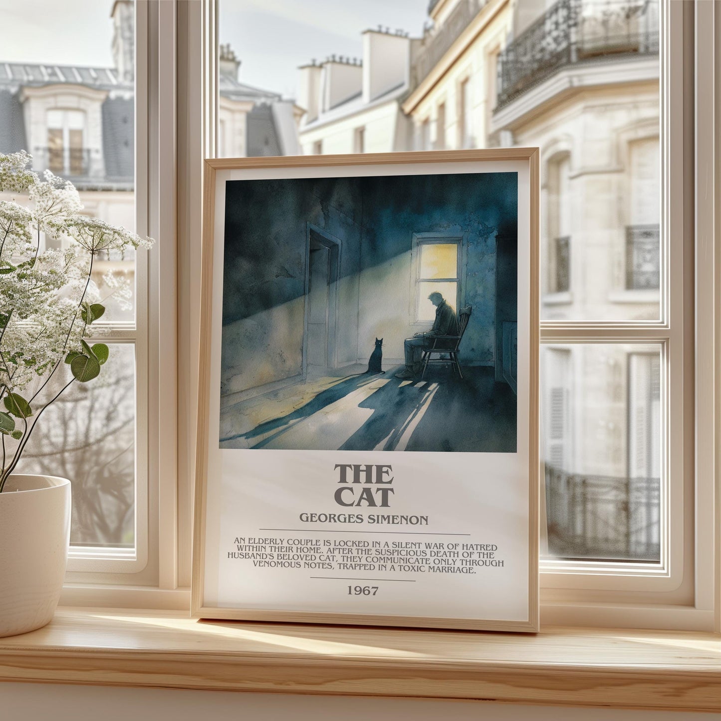 The Cat bookish print framed by window – literary home decor