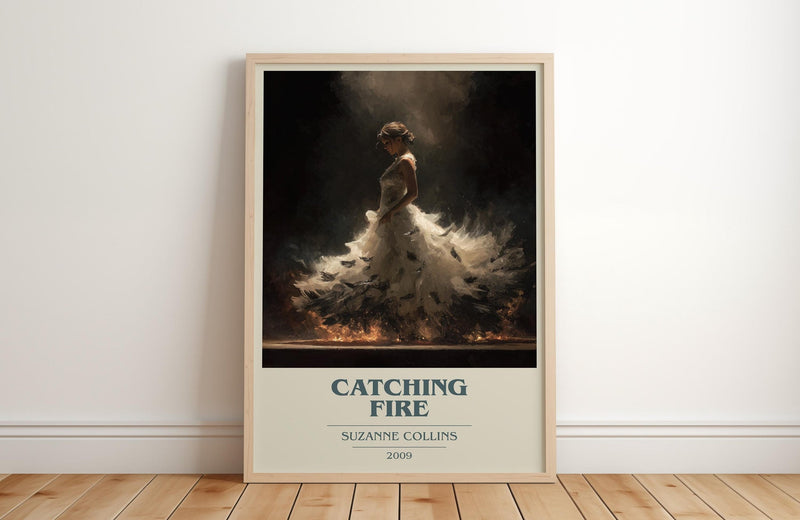 Catching Fire book cover print in frame leaning in hallway – poetry wall art