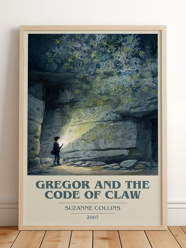 Gregor and the Code of Claw book cover print in frame leaning in hallway – fantasy wall art