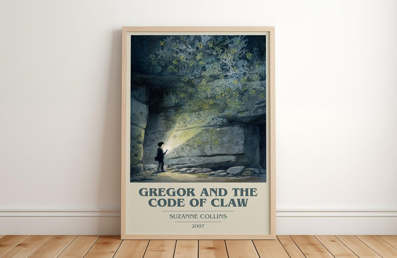 Gregor and the Code of Claw book cover print in frame leaning in hallway – fantasy wall art