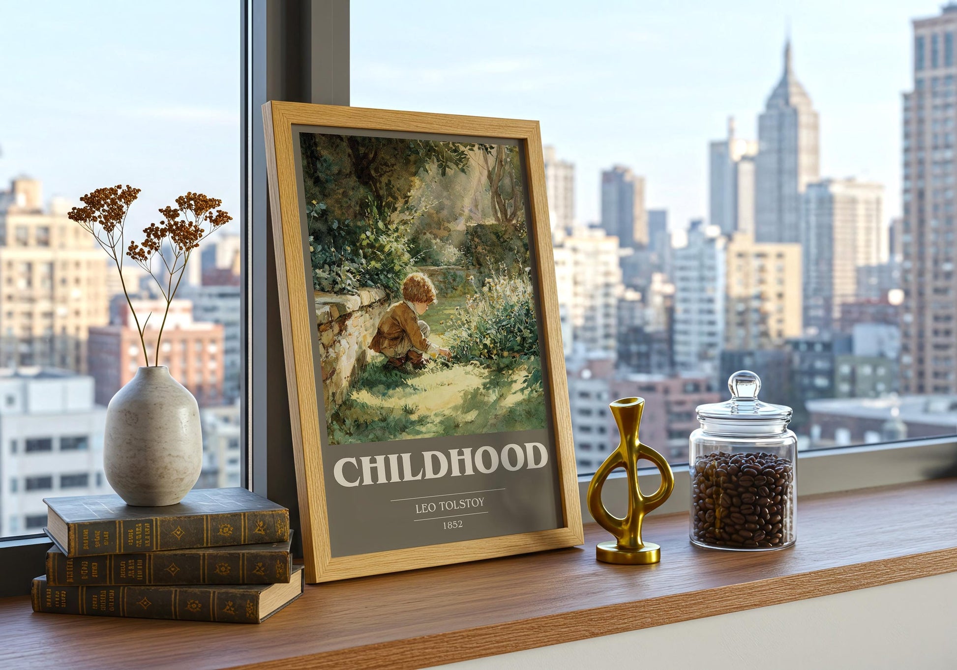 Childhood book cover print framed by window – literary home decor