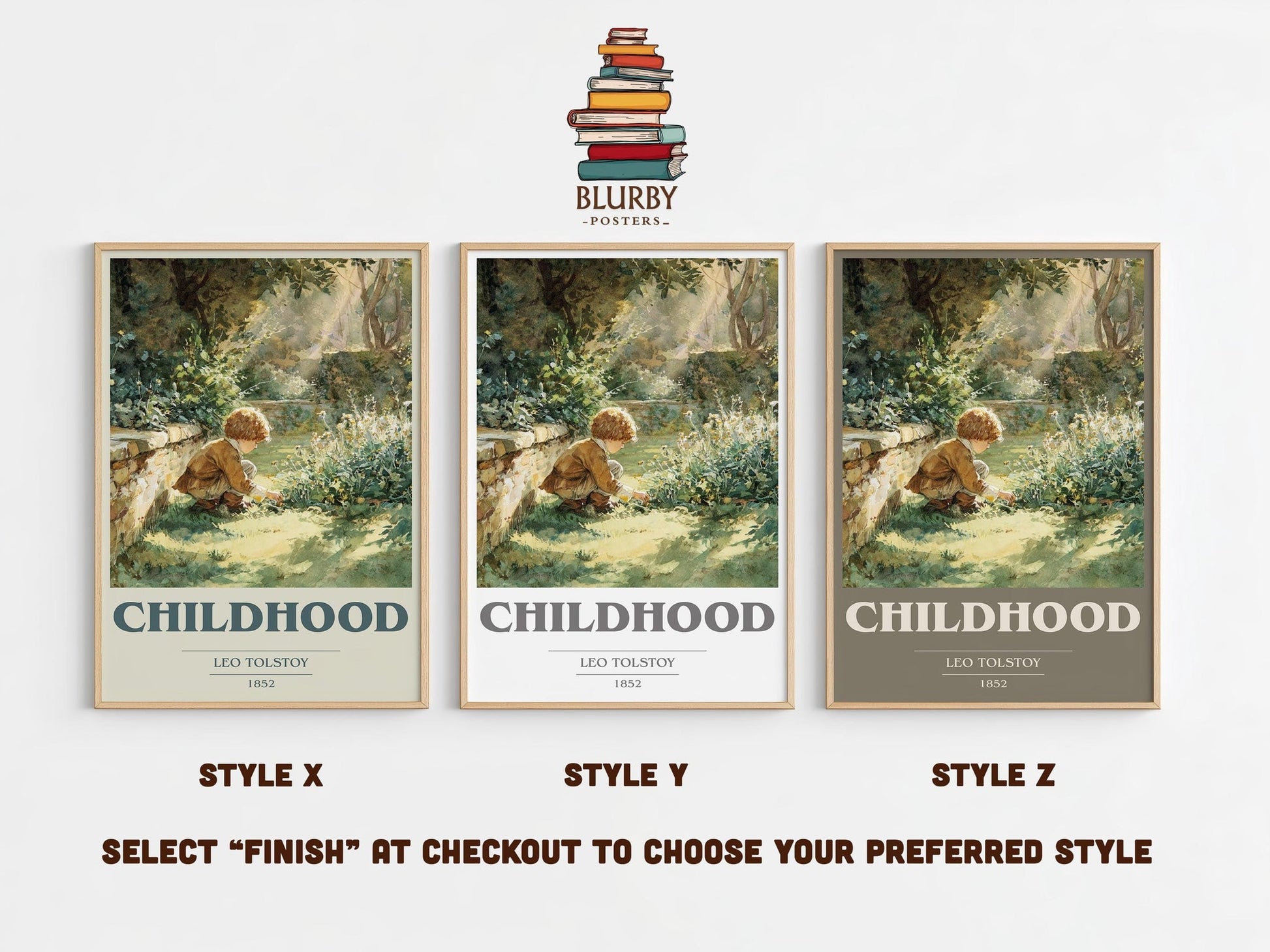 Childhood book cover print in frame leaning in hallway – historical fiction wall art