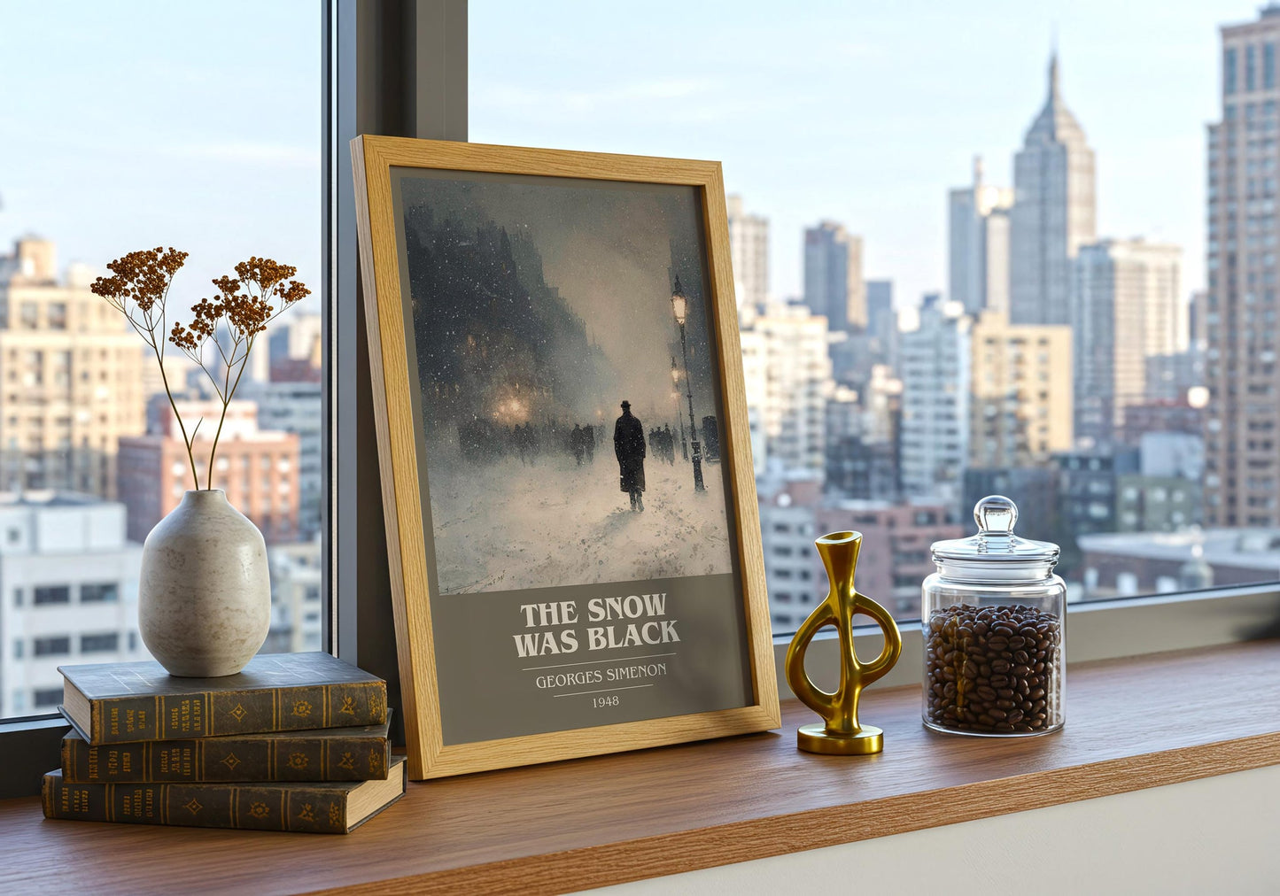The Snow was Black book cover print framed by window – literary home decor