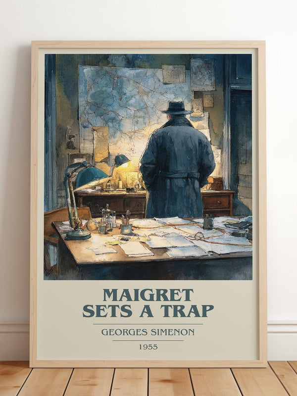 Maigret Sets a Trap book cover print in frame leaning in hallway – crime wall art