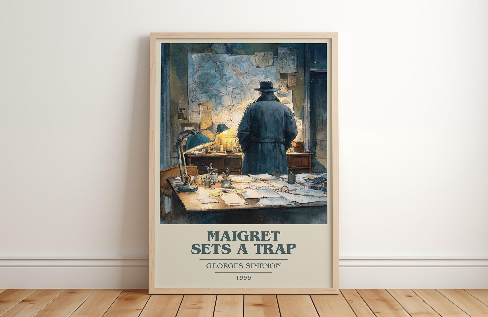 Maigret Sets a Trap book cover print in frame leaning in hallway – crime wall art