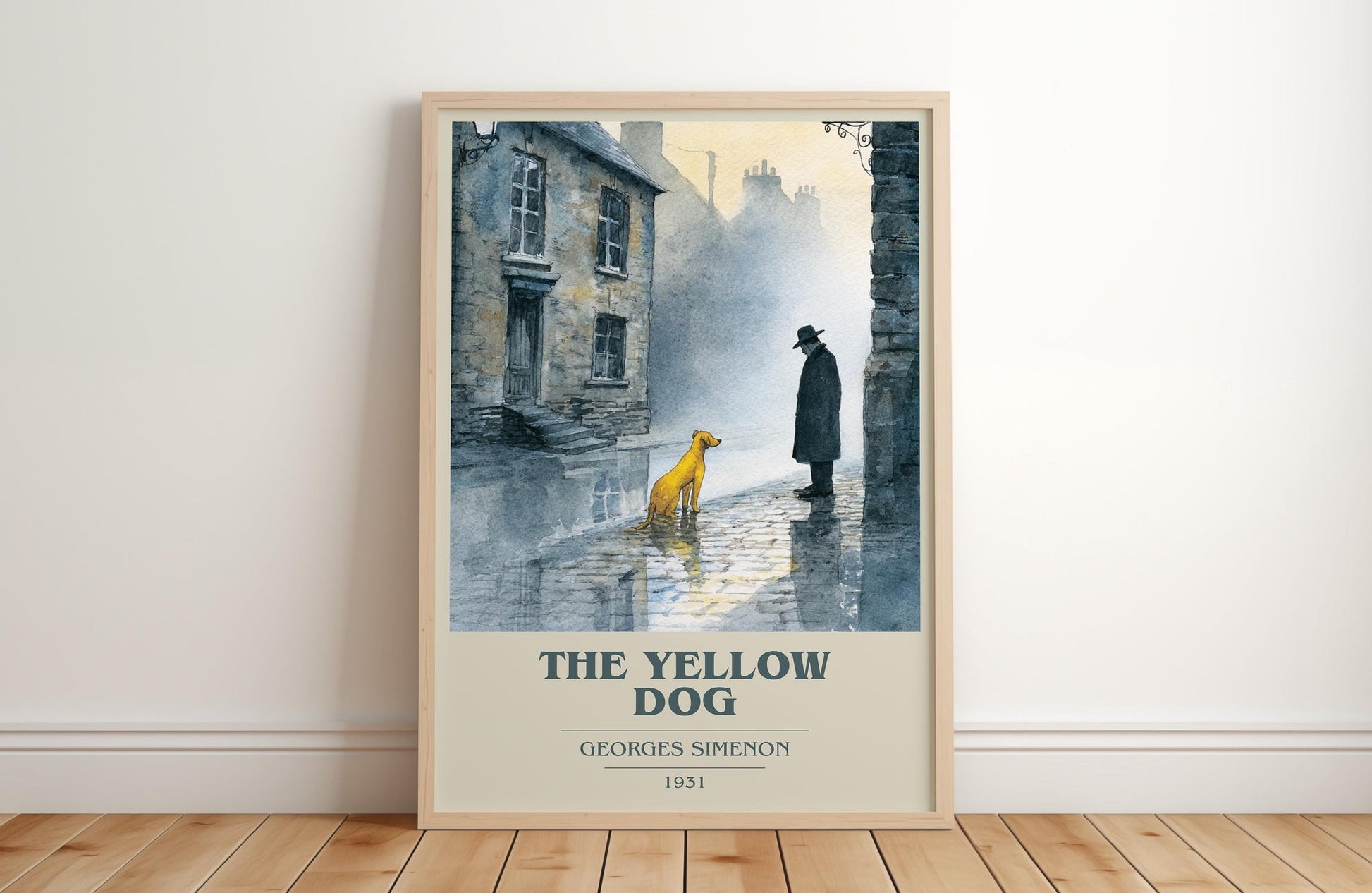The Yellow Dog book cover print in frame leaning in hallway – crime wall art