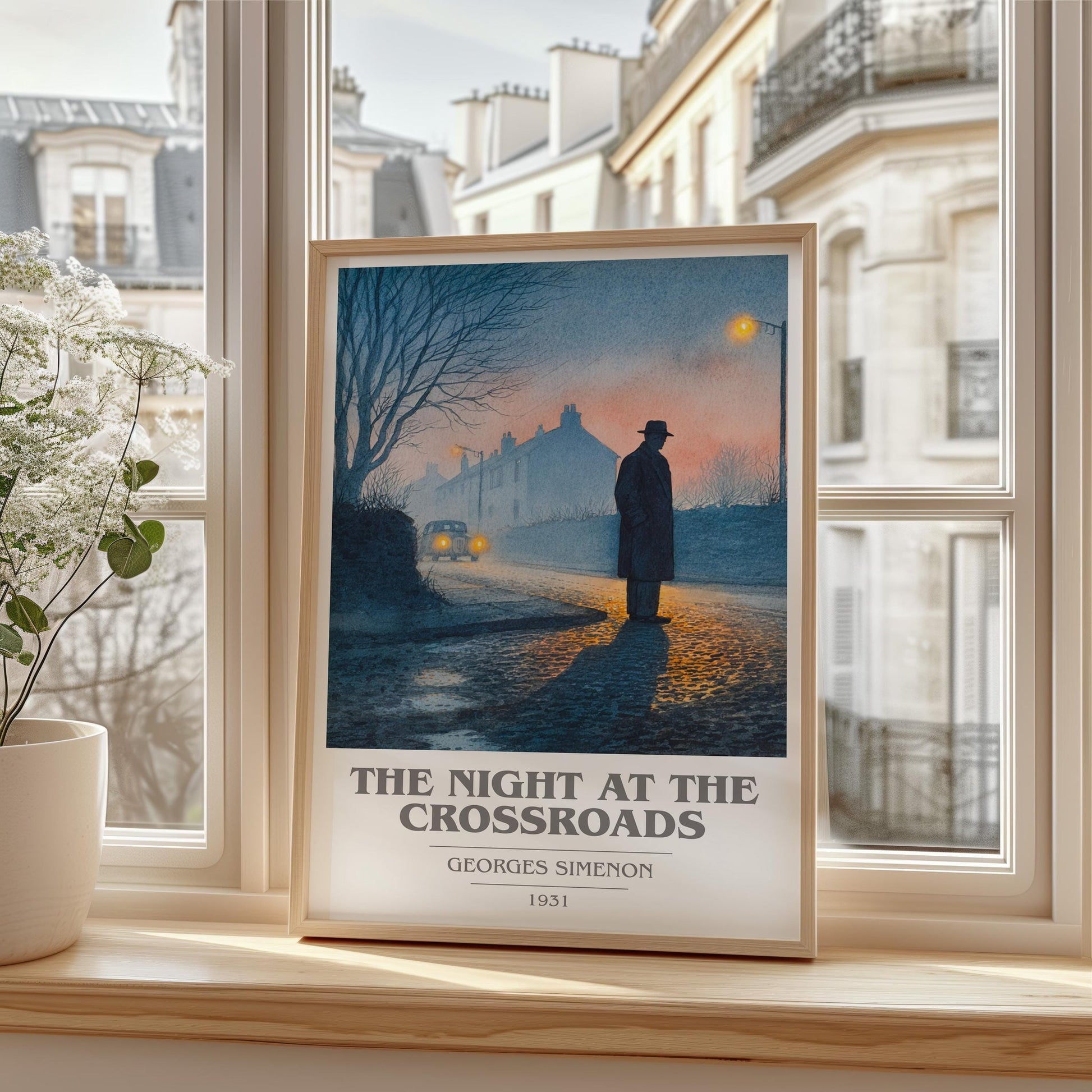 The Night At The Crossroads book cover print framed by window – literary home decor