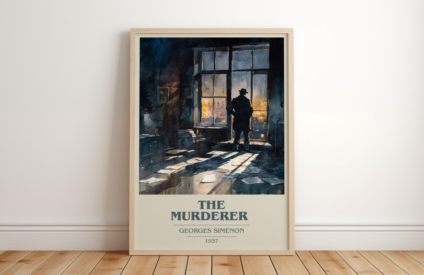 The Murderer book cover print in frame leaning in hallway – crime wall art