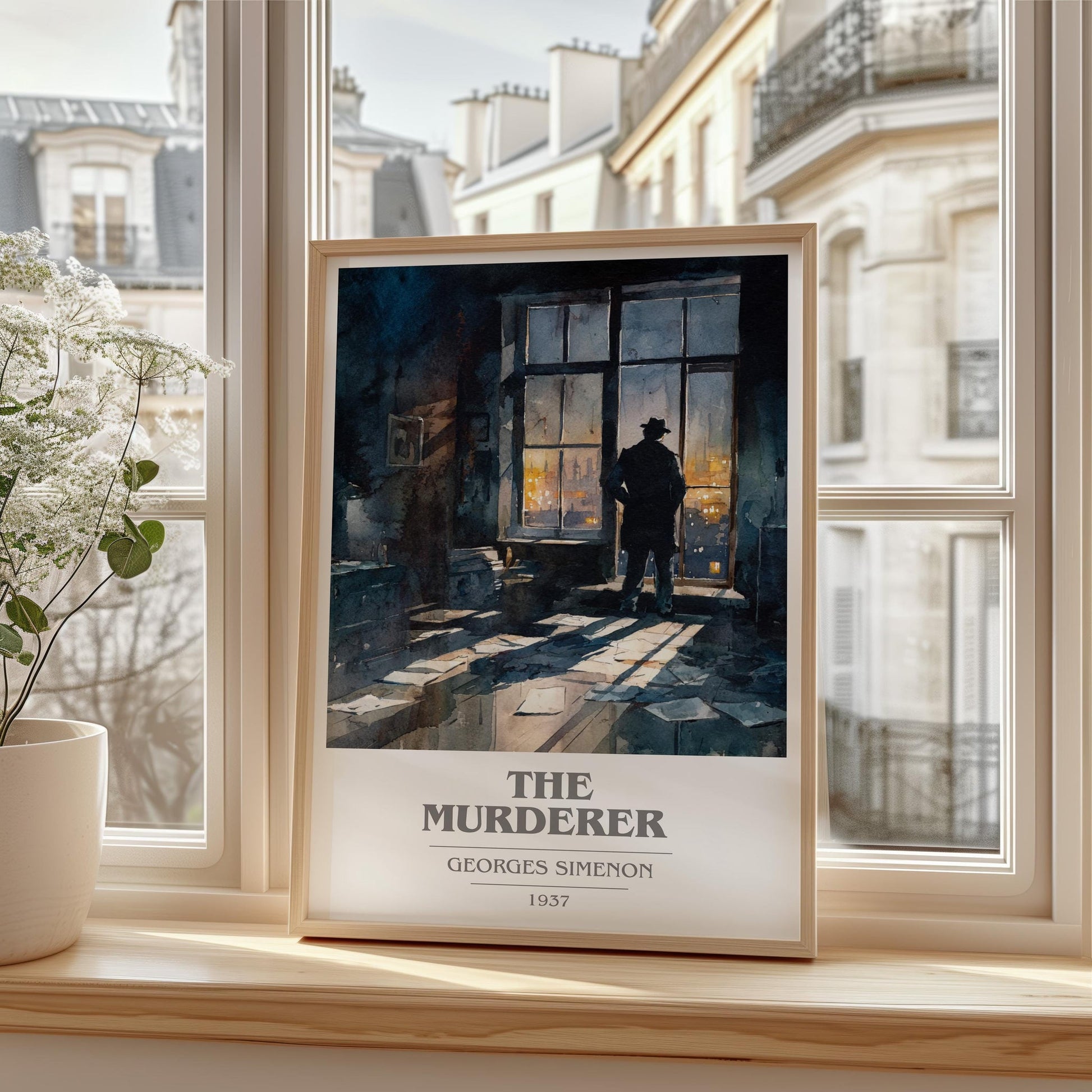 The Murderer book cover print framed by window – literary home decor