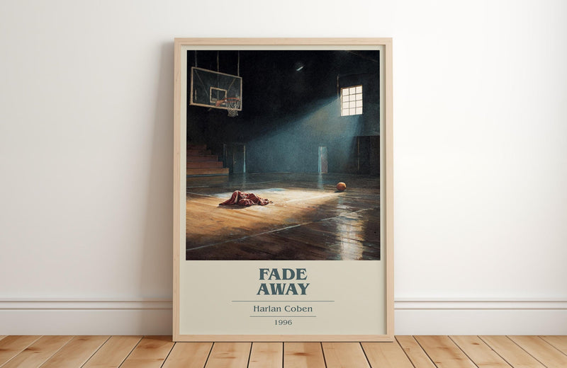 Fade Away book cover print in frame leaning in hallway – mystery wall art