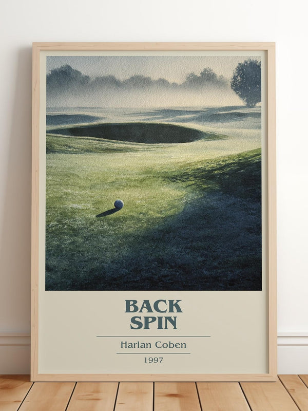 Back Spin book cover print in frame leaning in hallway – thriller wall art