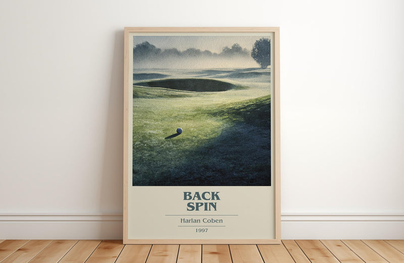 Back Spin book cover print in frame leaning in hallway – thriller wall art