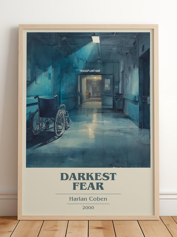 Darkest Fear book cover print in frame leaning in hallway – thriller wall art