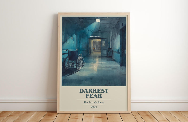 Darkest Fear book cover print in frame leaning in hallway – thriller wall art