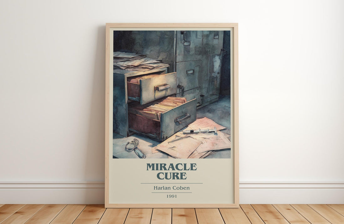 Miracle Cure book cover print in frame leaning in hallway – thriller wall art (mockup)
