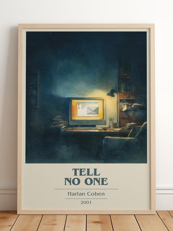 Tell No One book cover print in frame leaning in hallway – thriller wall art