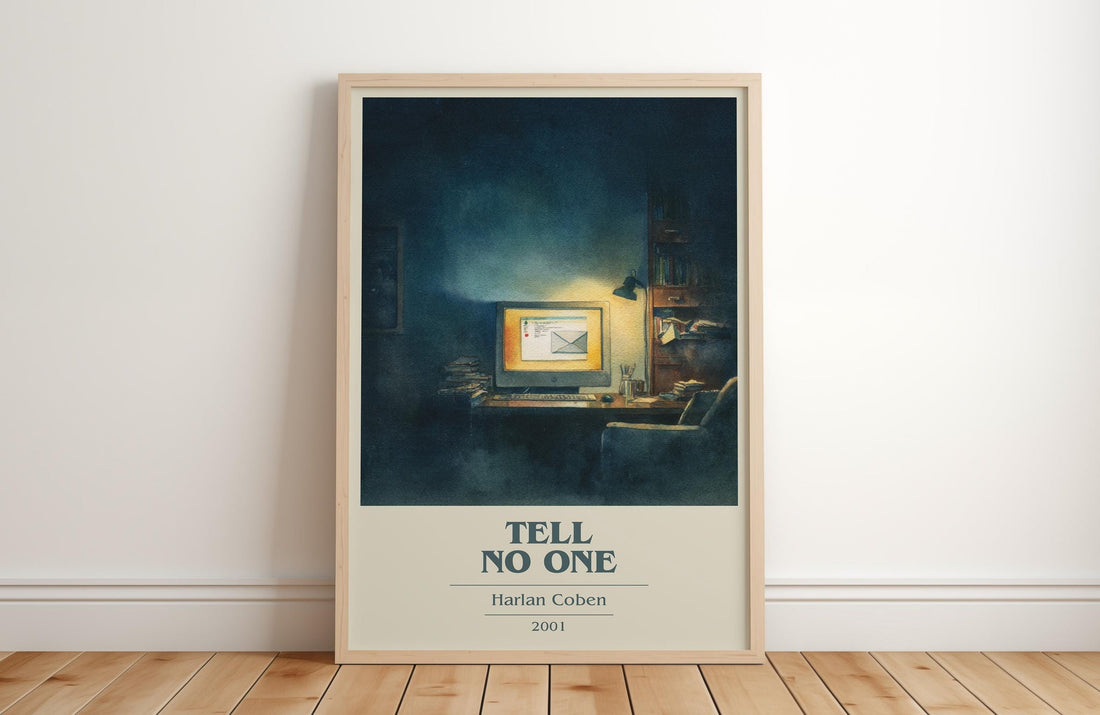 Tell No One book cover print in frame leaning in hallway – thriller wall art (mockup)
