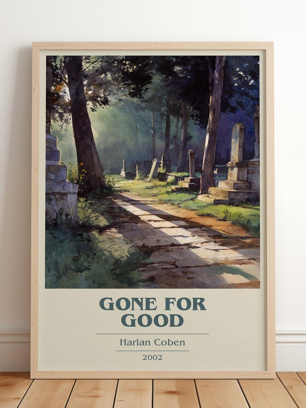 Gone for Good book cover print in frame leaning in hallway – thriller wall art