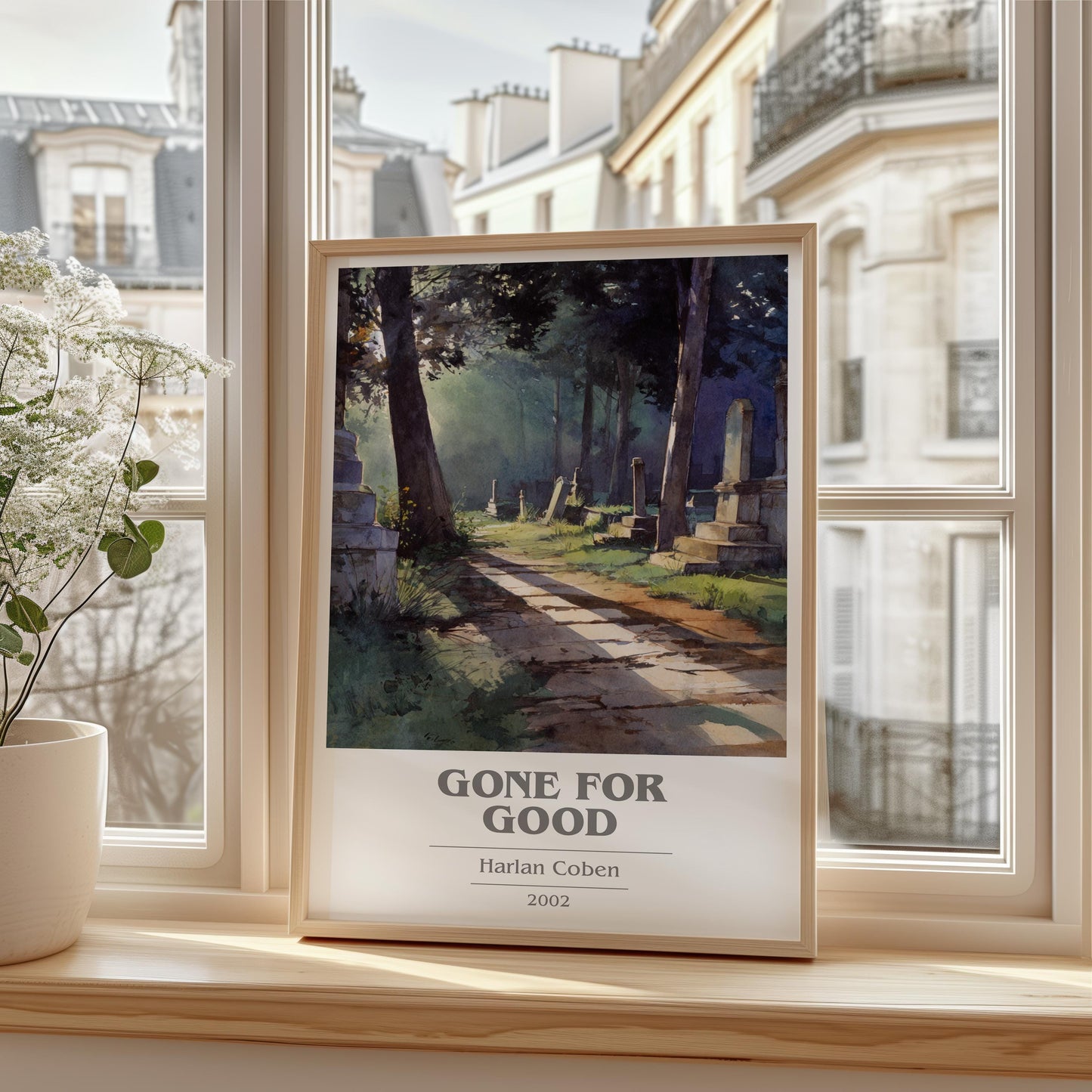 Gone for Good book cover print framed by window – literary home decor