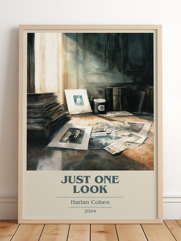 Just One Look book cover print in frame leaning in hallway – thriller wall art