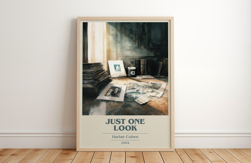 Just One Look book cover print in frame leaning in hallway – thriller wall art