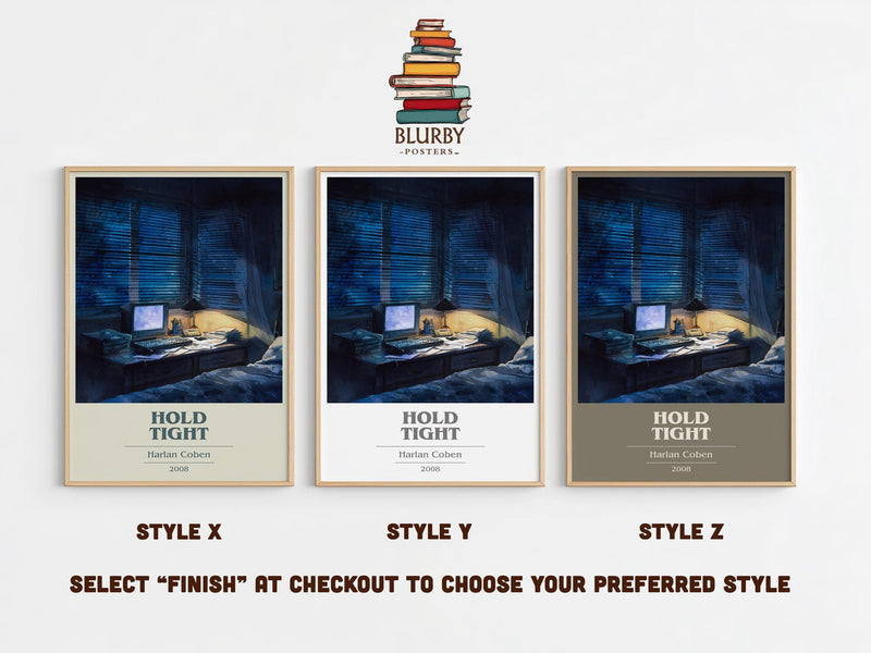 Hold Tight book cover print in frame leaning in hallway – thriller wall art