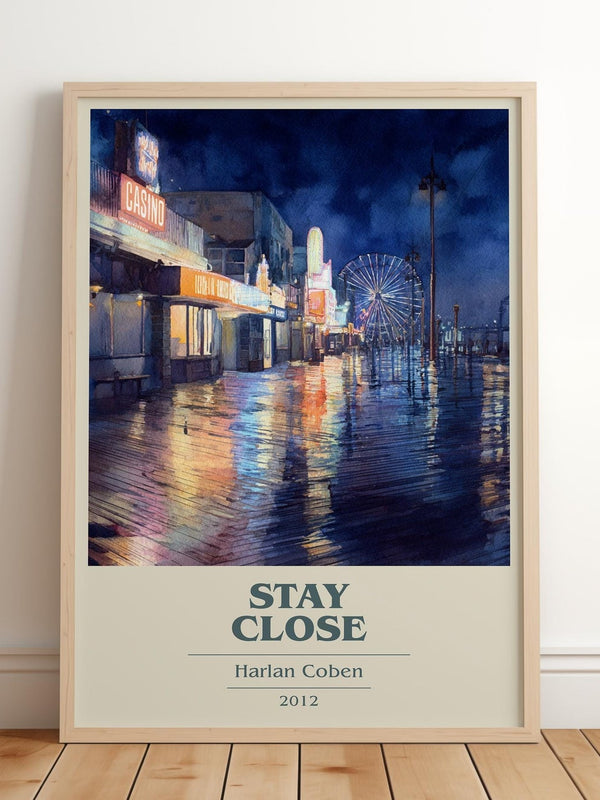 Stay Close book cover print in frame leaning in hallway – thriller wall art