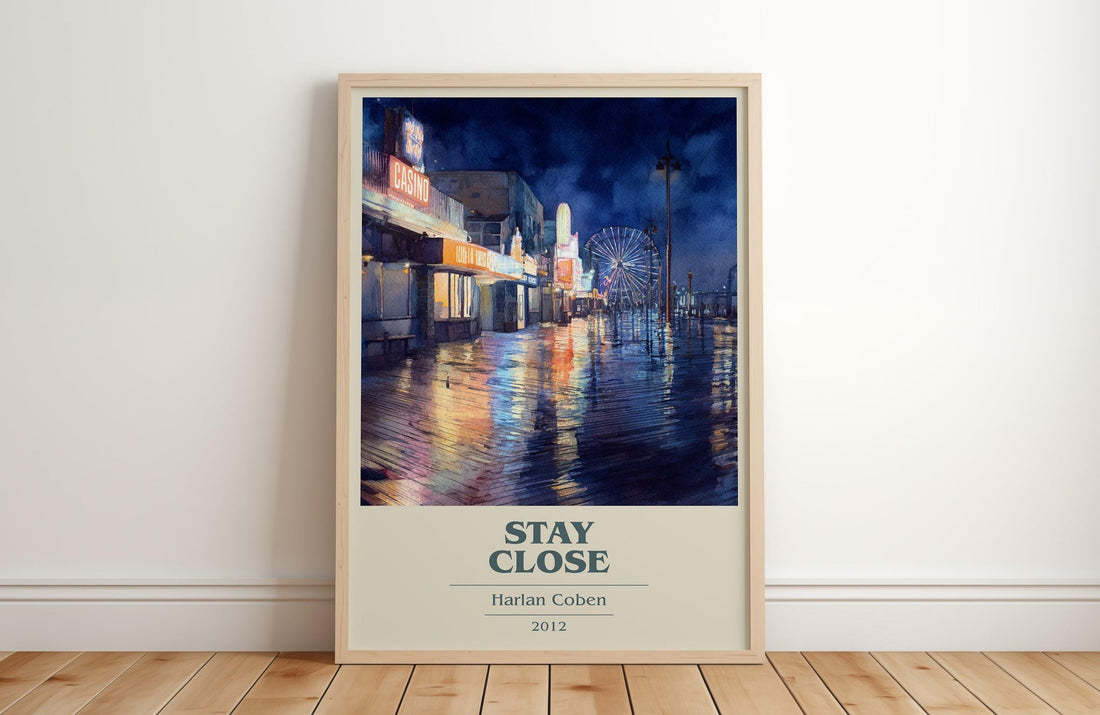 Stay Close book cover print in frame leaning in hallway – thriller wall art (mockup)