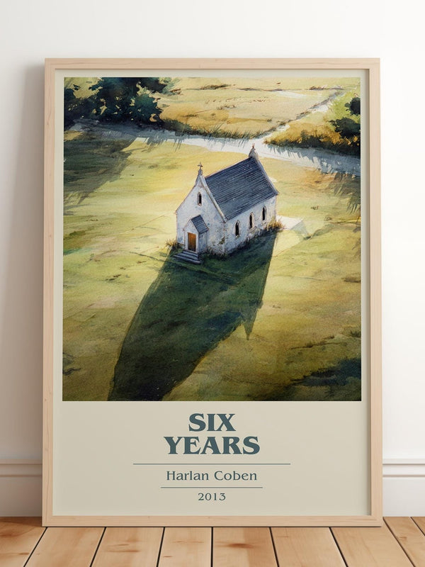 Six Years book cover print in frame leaning in hallway – thriller wall art