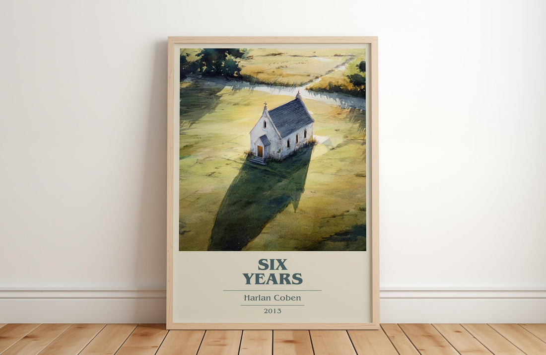 Six Years book cover print in frame leaning in hallway – thriller wall art (mockup)