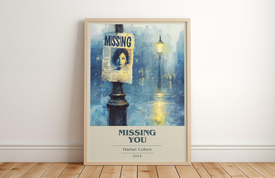 Missing You book cover print in frame leaning in hallway – thriller wall art (mockup)