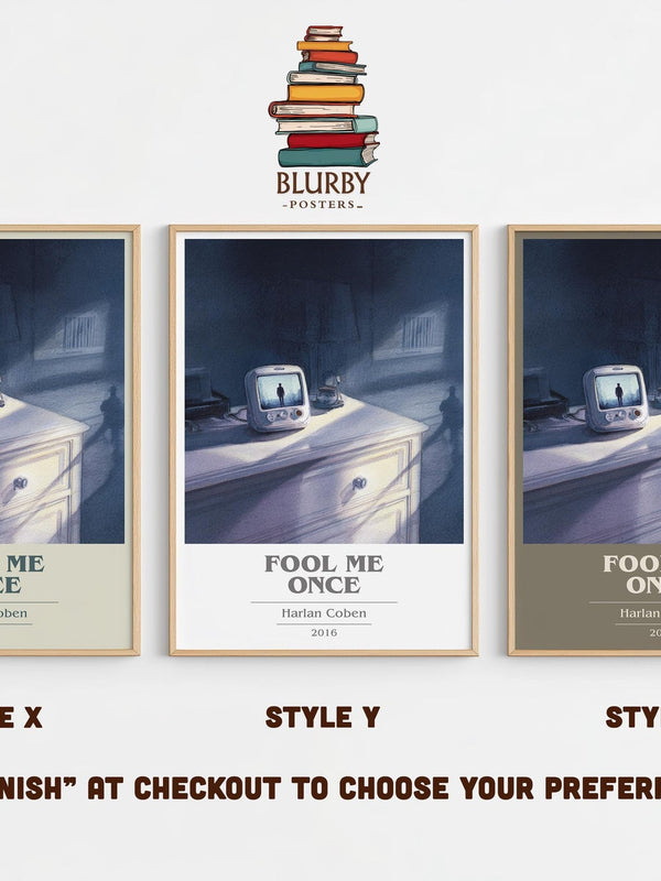 Fool Me Once book cover print in frame leaning in hallway – thriller wall art