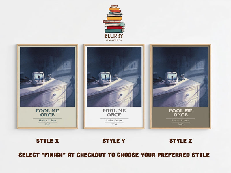 Fool Me Once book cover print in frame leaning in hallway – thriller wall art