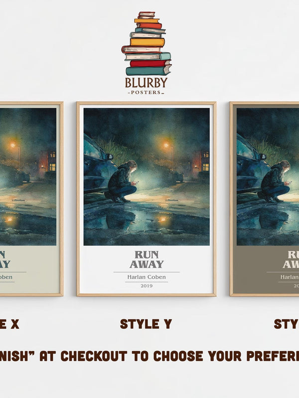 Run Away book cover print in frame leaning in hallway – thriller wall art