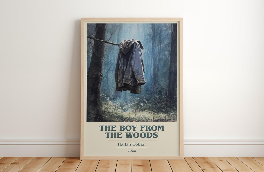 The Boy from the Woods book cover print in frame leaning in hallway – thriller wall art (mockup)