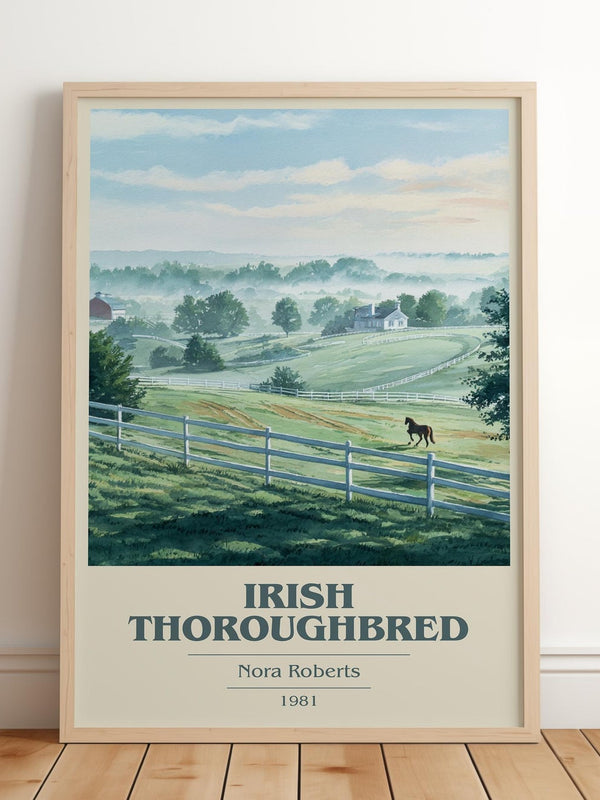 Irish Thoroughbred book cover print in frame leaning in hallway – romance wall art