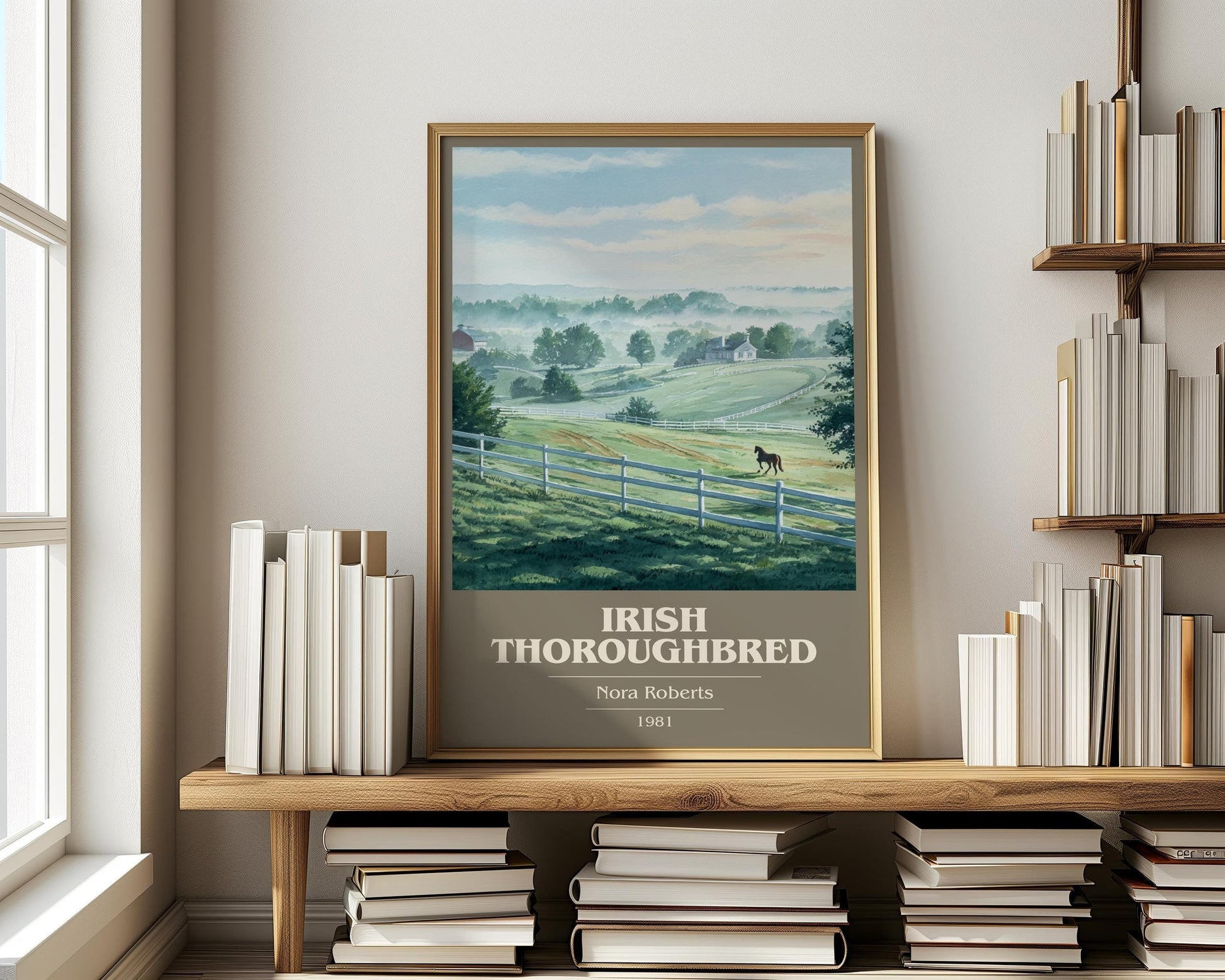 Irish Thoroughbred book cover print on bookshelf – Nora Roberts fan gift
