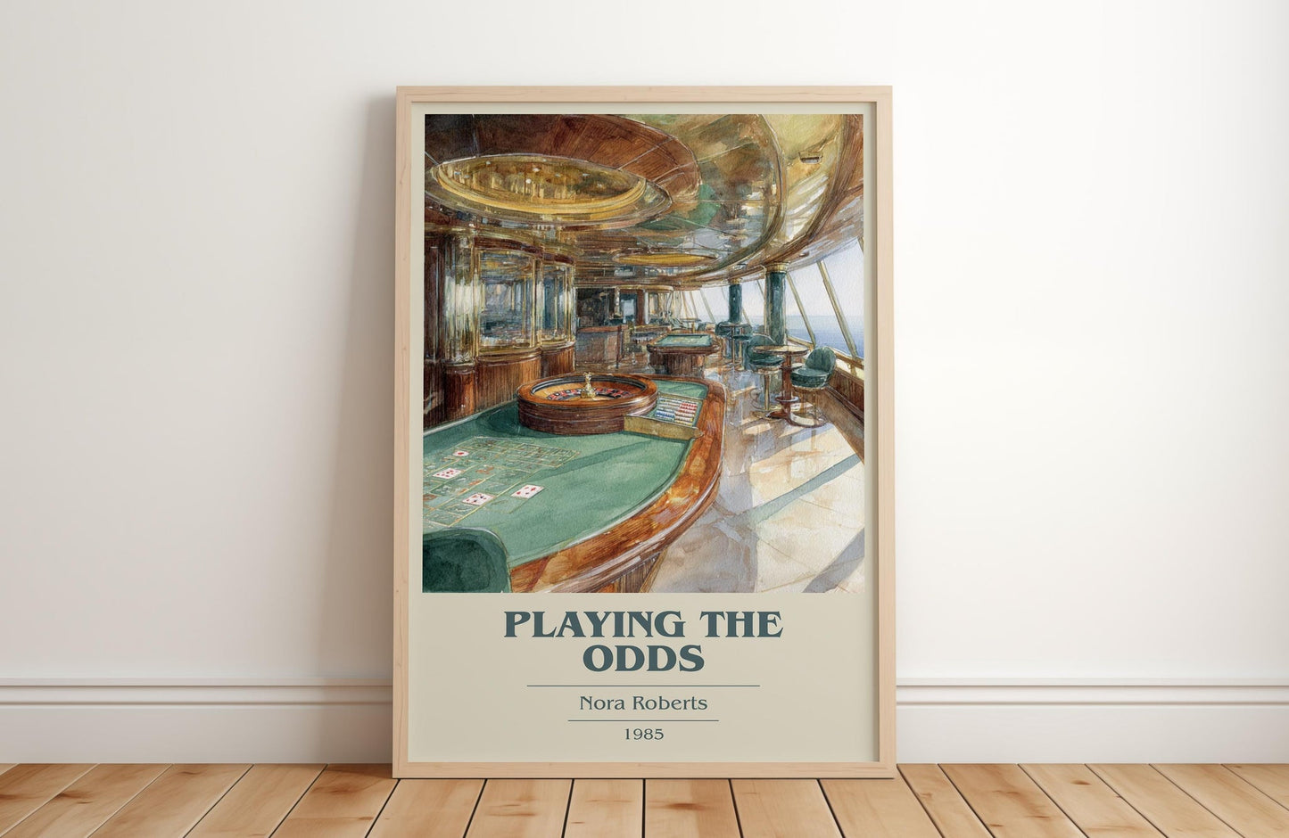 Playing the Odds book cover print in frame leaning in hallway – romance wall art