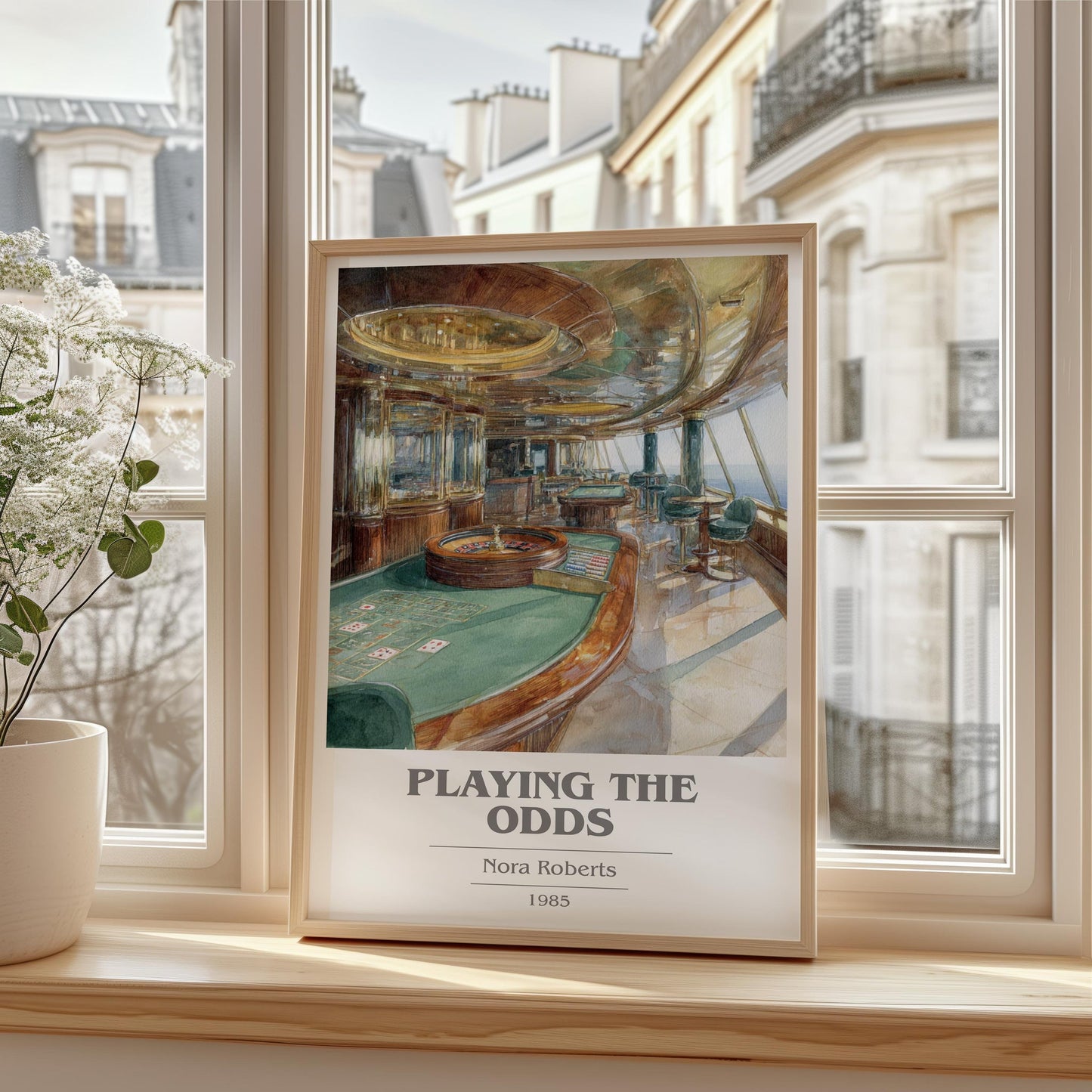 Playing the Odds book cover print framed by window – literary home decor