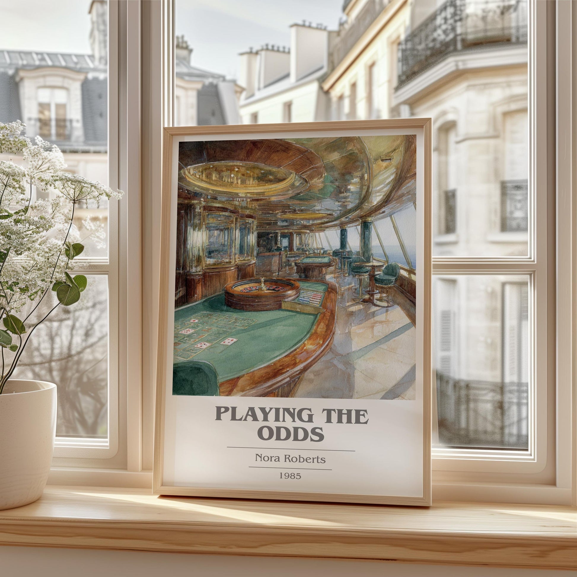 Playing the Odds book cover print framed by window – literary home decor