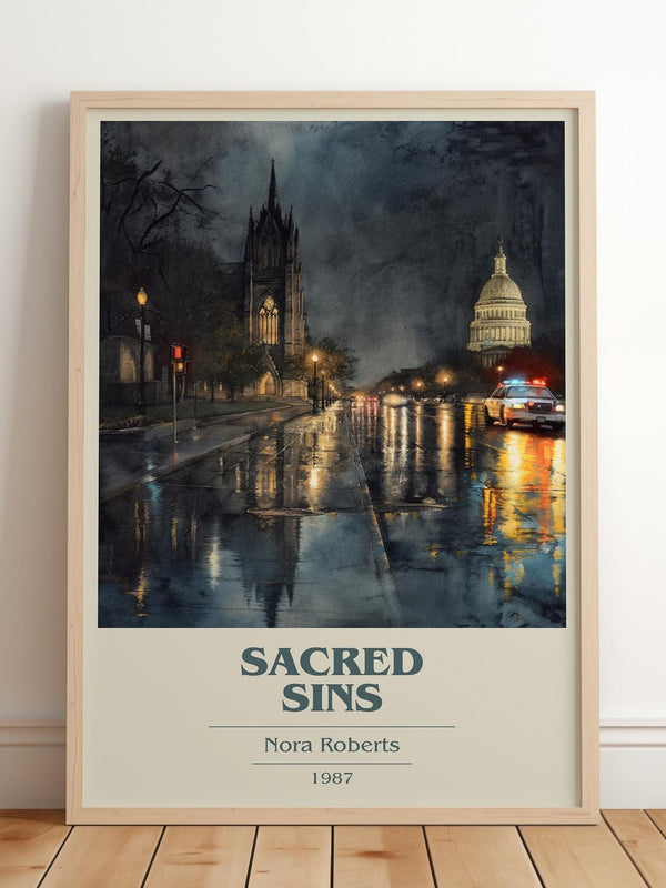 Sacred Sins book cover print in frame leaning in hallway – thriller wall art
