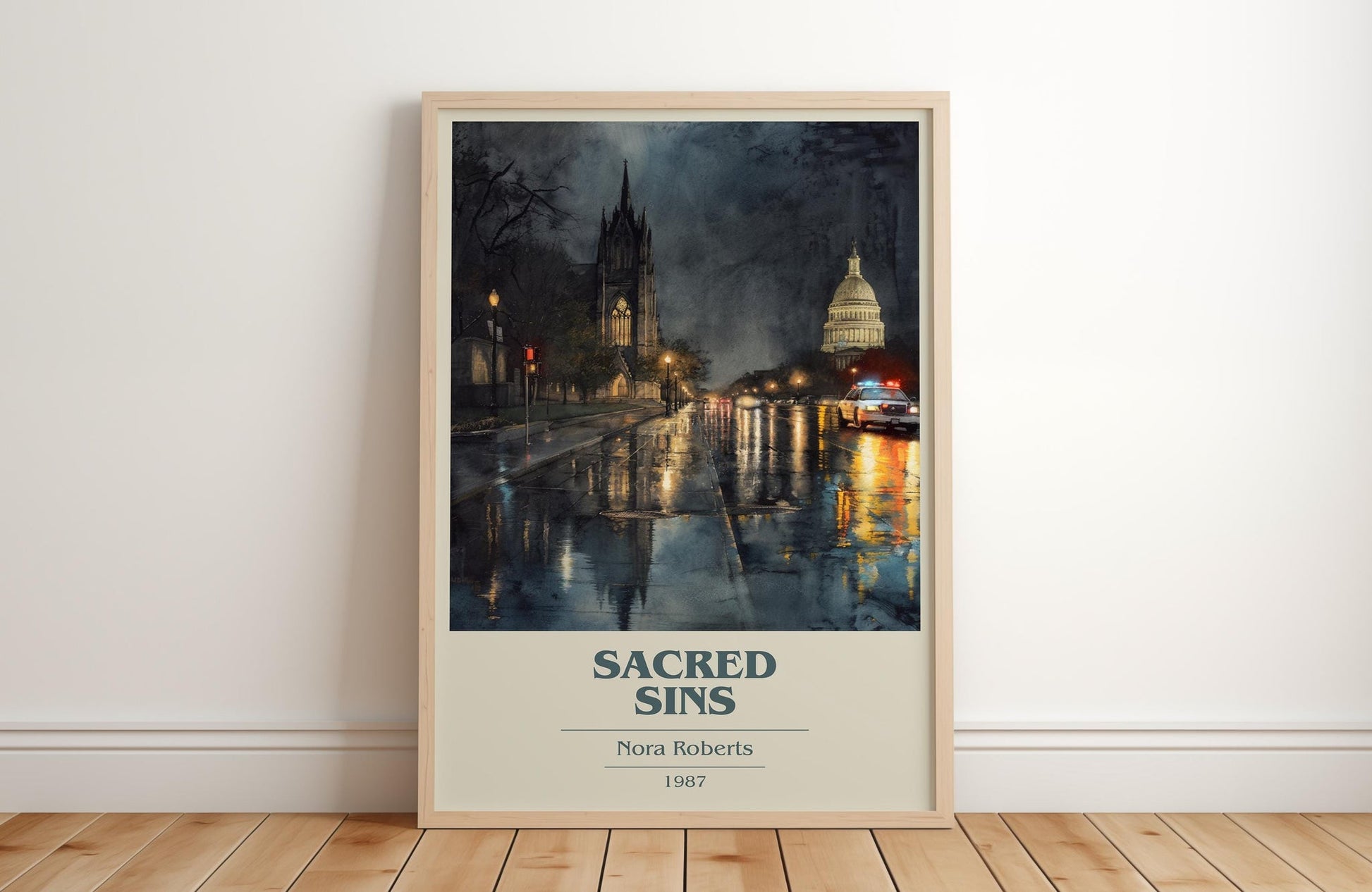 Sacred Sins book cover print in frame leaning in hallway – thriller wall art