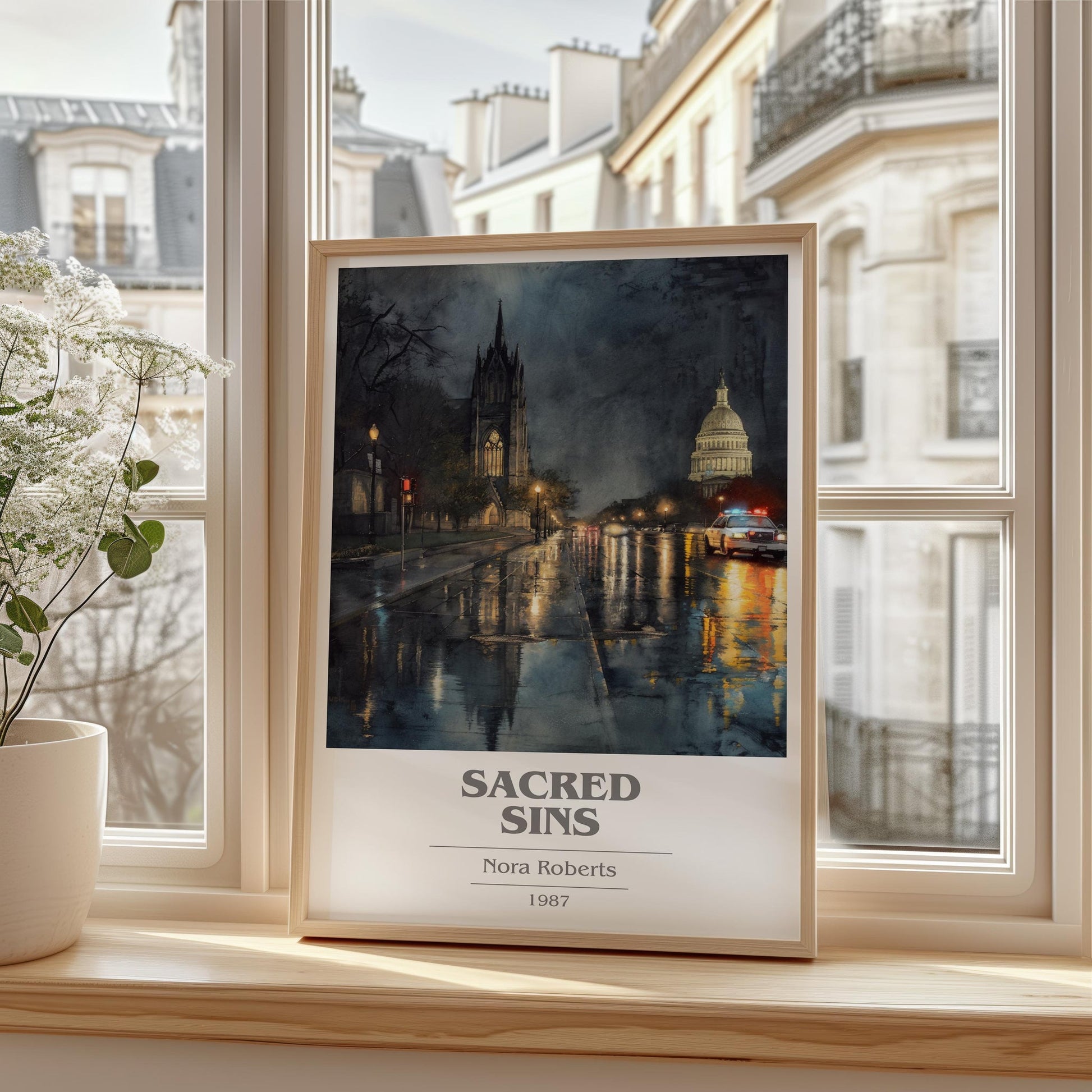 Sacred Sins book cover print framed by window – literary home decor
