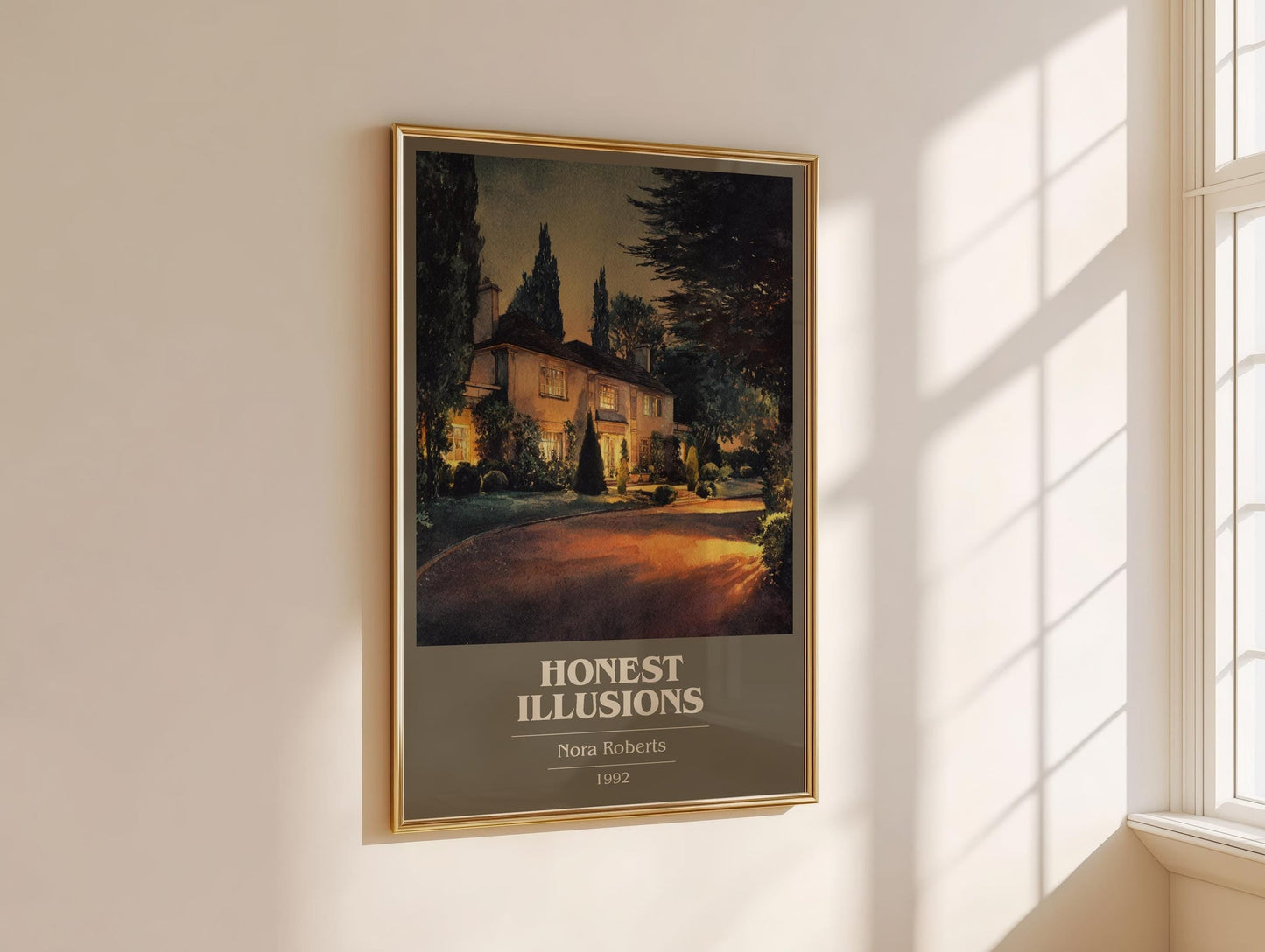 Honest Illusions book cover print framed by window – literary home decor