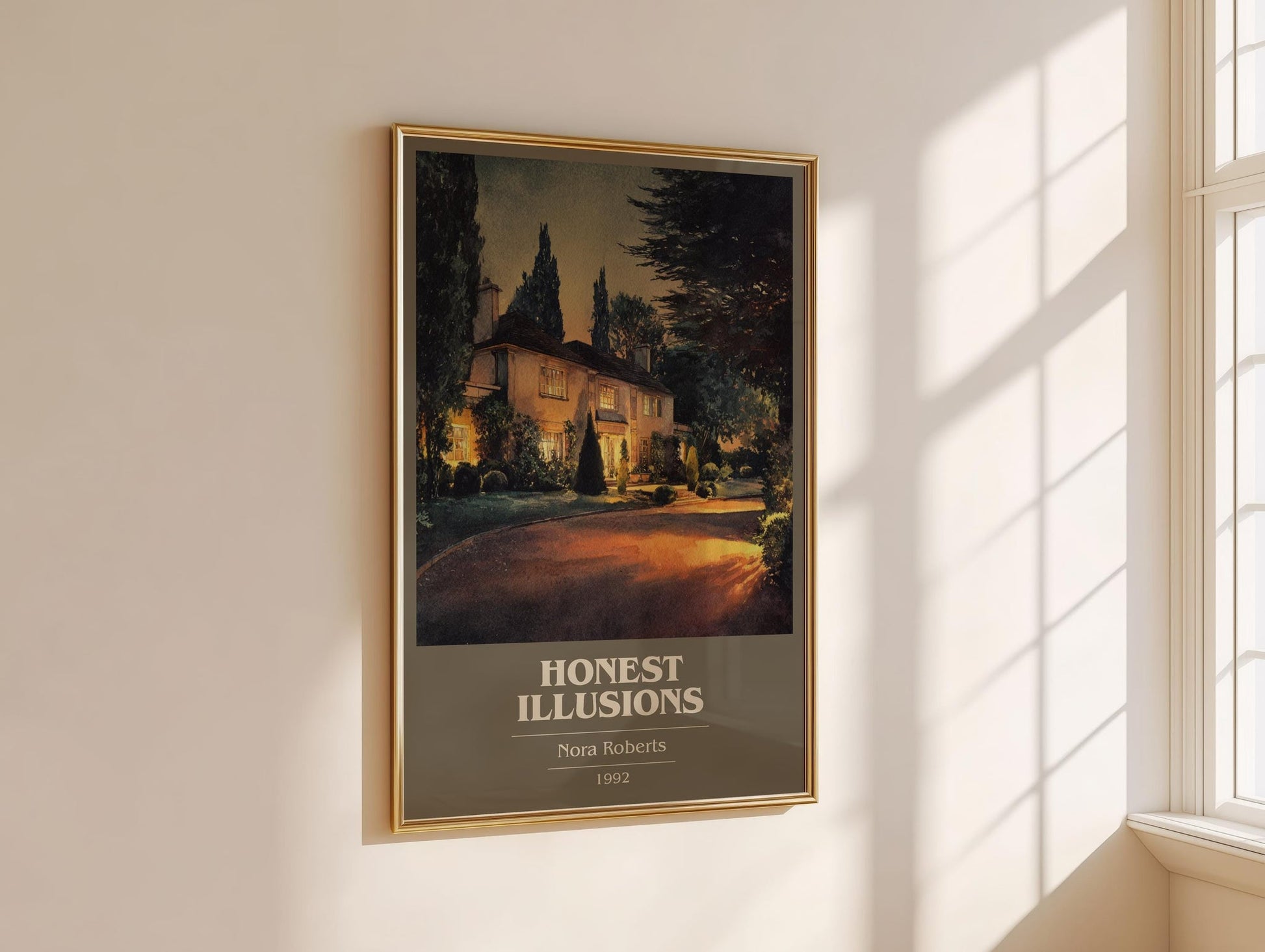 Honest Illusions book cover print framed by window – literary home decor