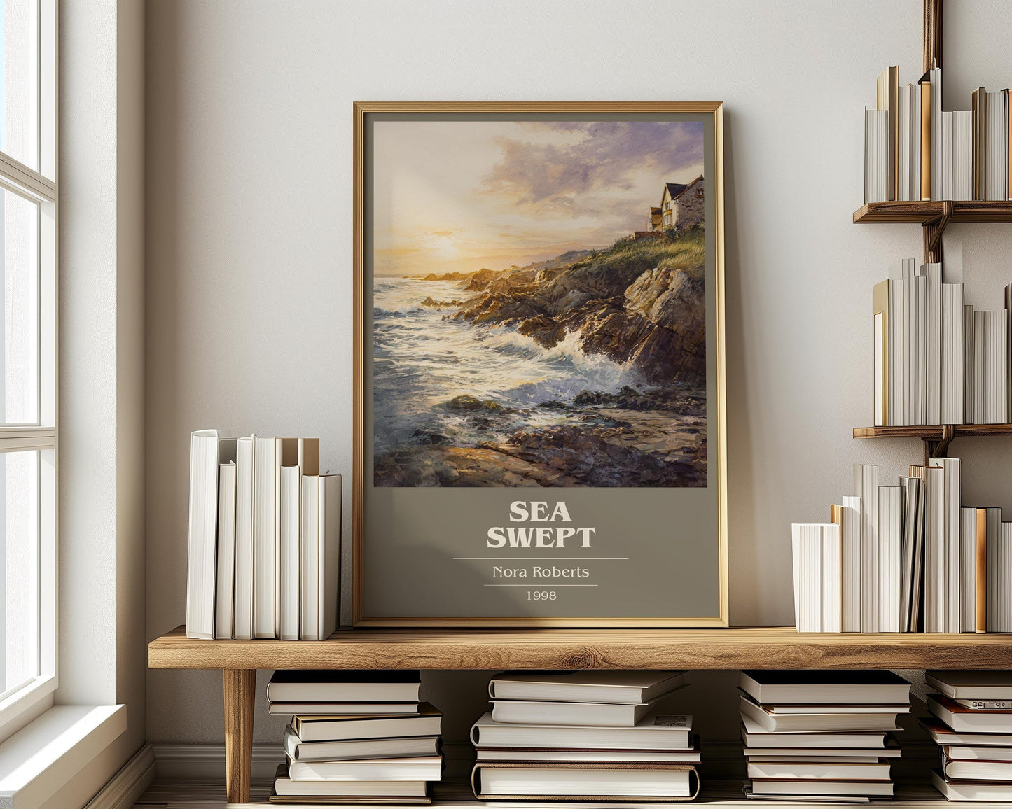 Sea Swept book cover print on bookshelf – Nora Roberts fan gift